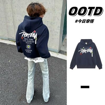 藏青色国潮设计感印花男女帽衫秋冬加绒加厚美式高街情侣连帽卫衣