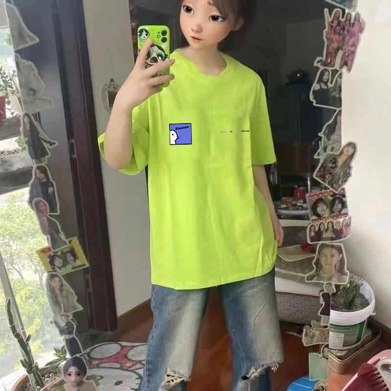 荧光绿日系复古卡通印花T恤短袖男女情侣高街夏季潮流ins半袖上衣