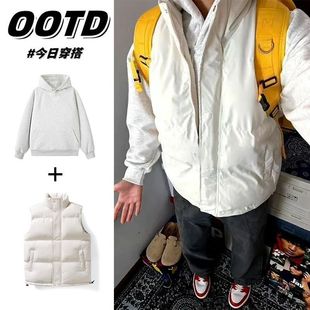 秋冬季加厚保暖叠穿两件套马甲男款无袖背心棉服帽衫套头卫衣外套