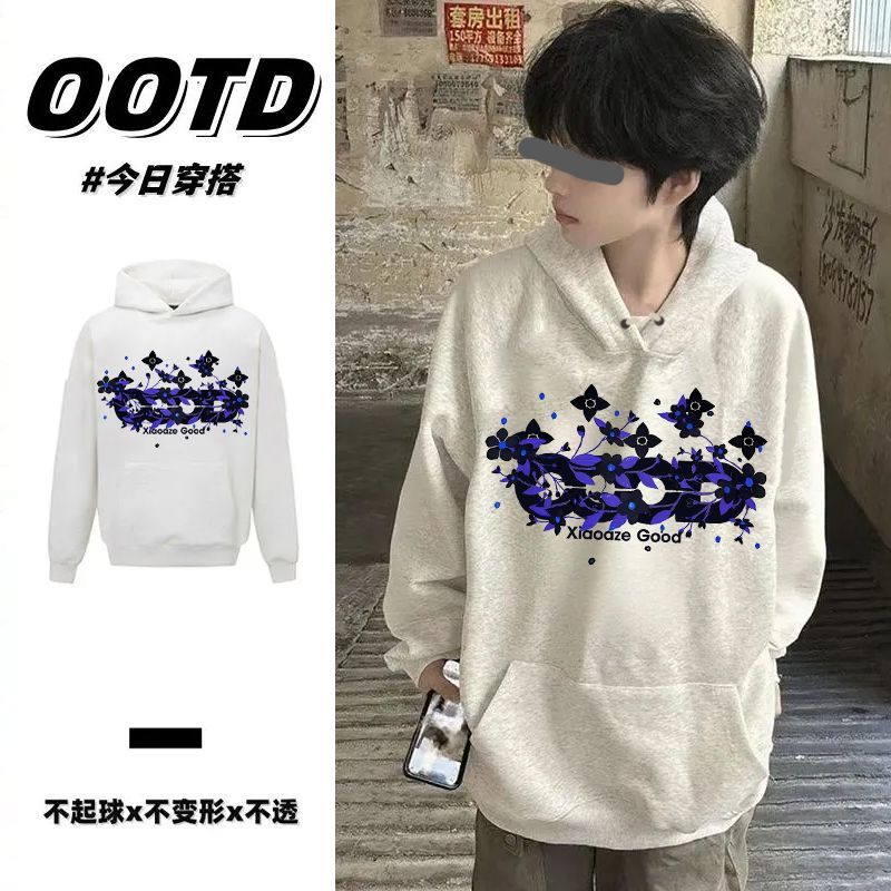 花灰色美式复古花卉印花加厚连帽卫衣男女秋冬款加绒情侣潮牌帽衫