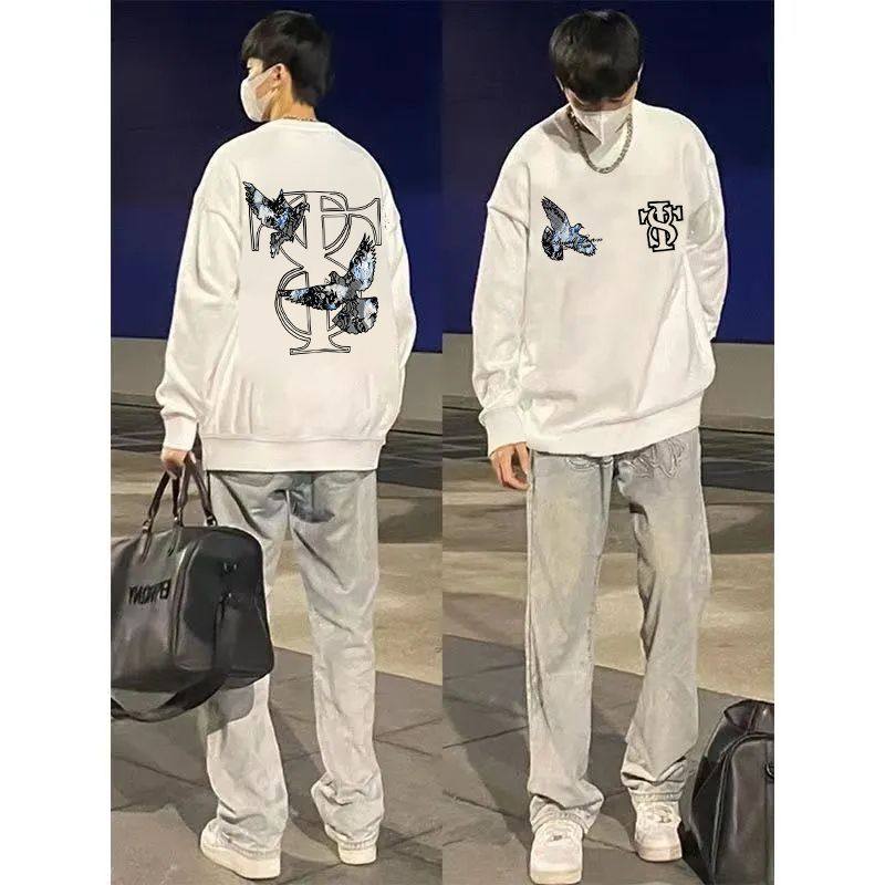 秋冬原宿风加厚加绒宽松圆领卫衣男女情侣款日系印花纯棉无帽上衣