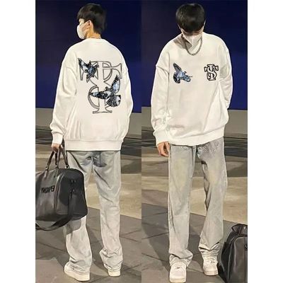 秋冬原宿风加厚加绒宽松圆领卫衣男女情侣款日系印花纯棉无帽上衣