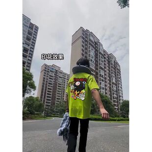 夏季荧光绿高街美式字母潮牌印花短袖t恤情侣男女半袖休闲上衣ins