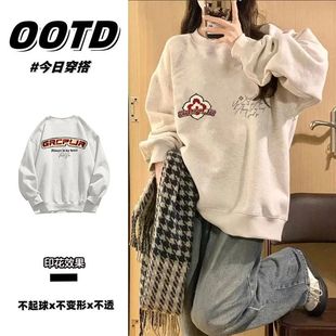 花灰色秋冬加绒加厚圆领卫衣复古高级感男女学生情侣保暖无帽上衣