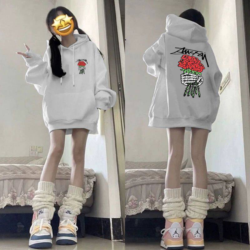 美式复古玫瑰印花加绒连帽卫衣男女纯棉秋冬季欧美街头风加厚帽衫