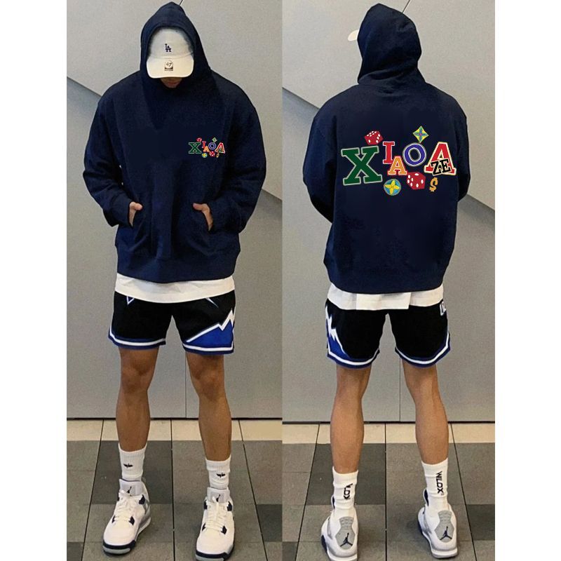 藏青色韩版ins欧美高街加绒连帽卫衣情侣款百搭秋冬男女加厚帽衫