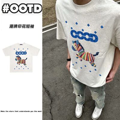 美式潮牌重磅纯棉字母印花短袖t恤男女同款夏季ins半袖花灰色上衣