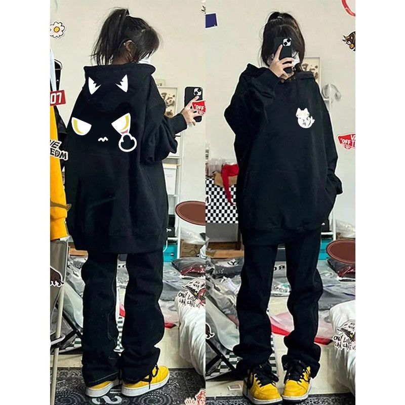 加绒加厚美式卡通猫咪印花纽扣款连帽卫衣秋冬季潮流男女学生外套