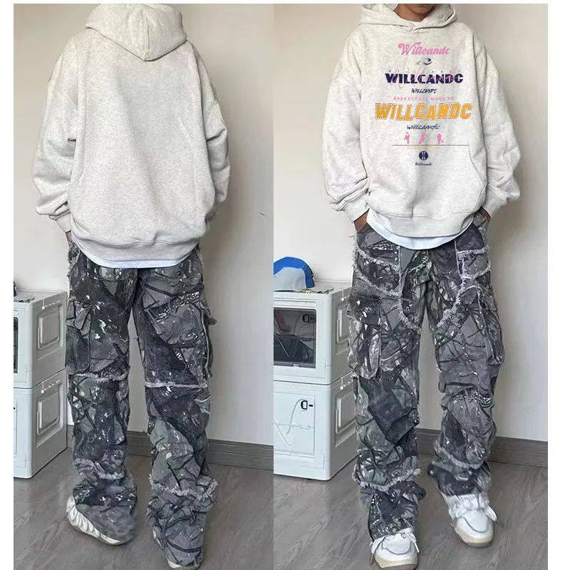 花灰色美式复古高街情侣连帽卫衣男女秋冬慵懒风印花加绒加厚帽衫