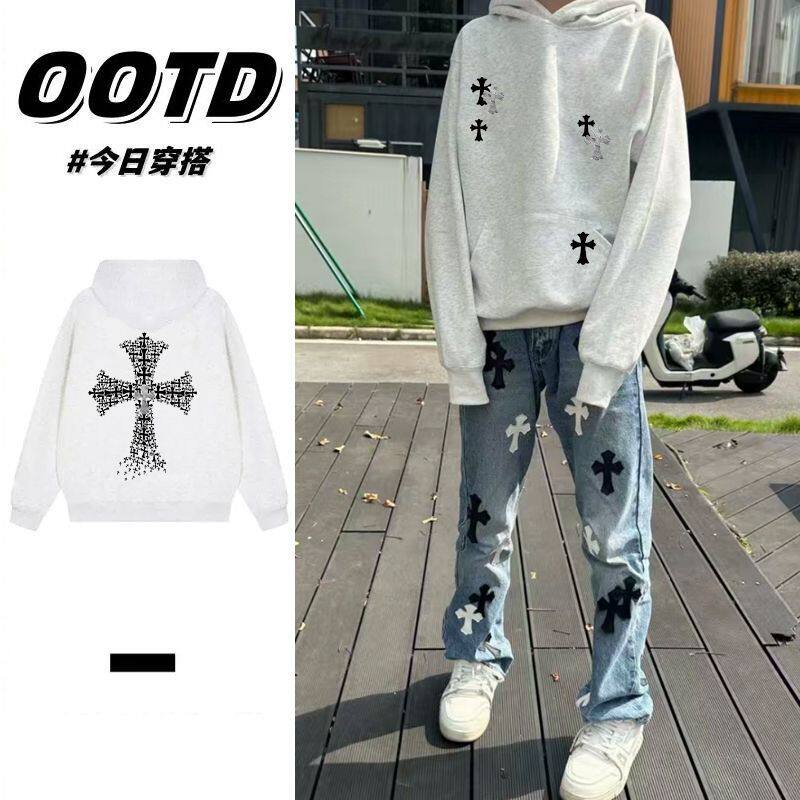 花灰色美式十字架印花连帽卫衣秋冬加绒加厚百搭休闲帽衫男女外套
