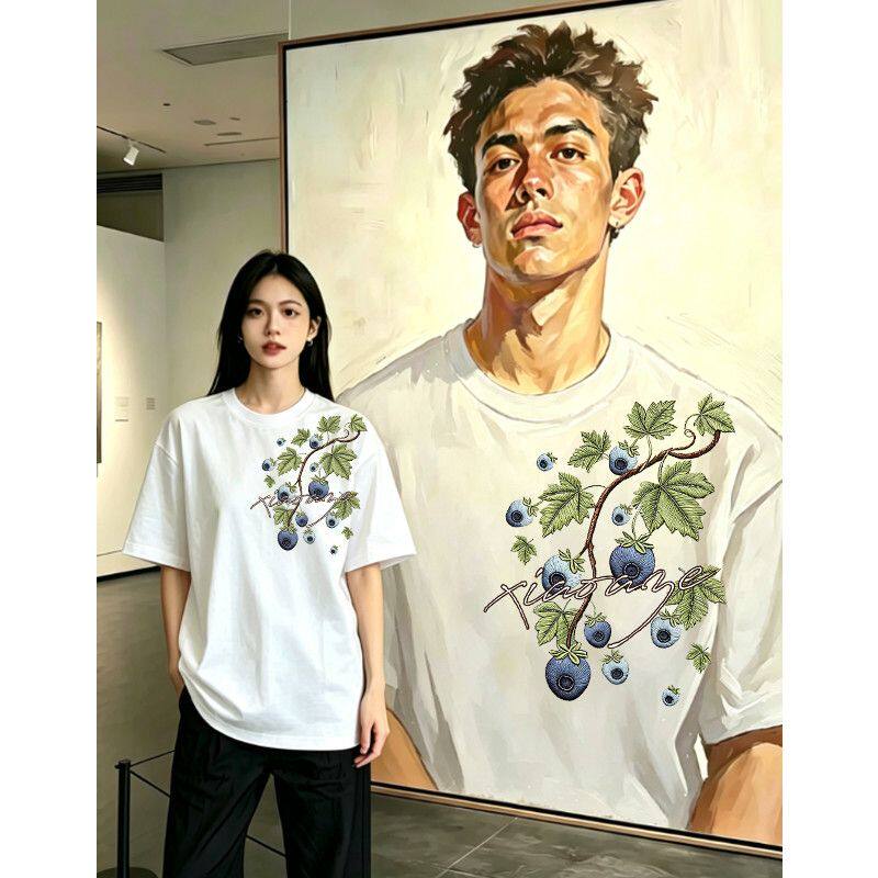 美式复古仿刺绣印花短袖t恤衫男女潮牌花卉百搭情侣纯棉夏季上衣