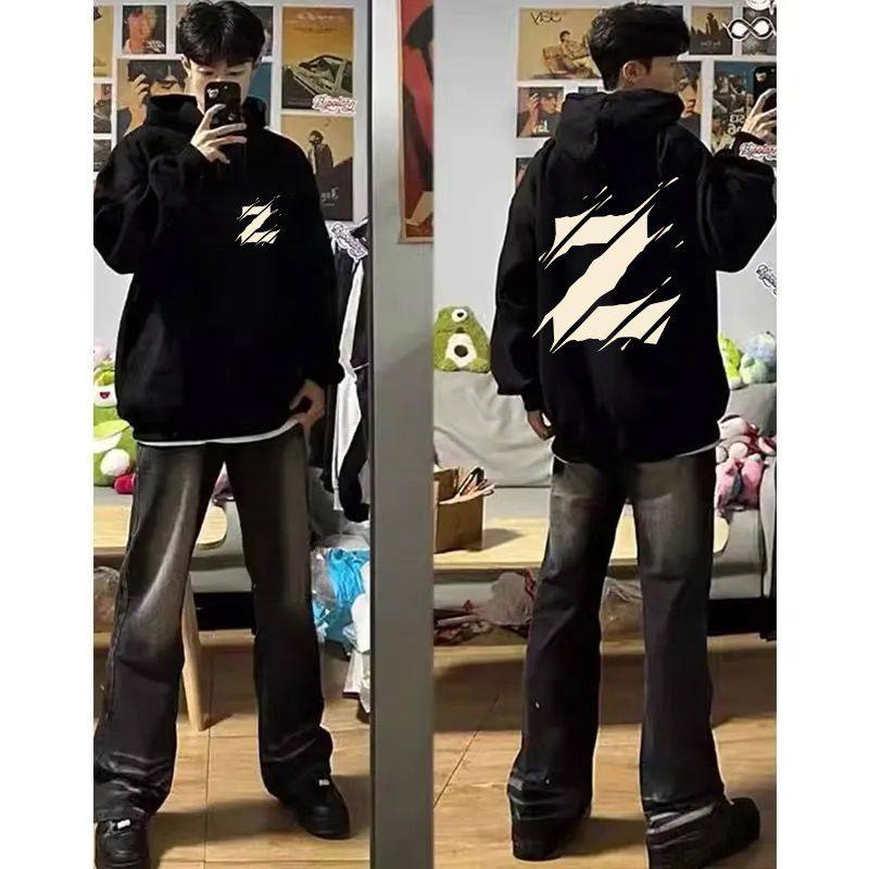 秋冬ins男女韩版潮流情侣加厚帽衫百搭潮牌印花加绒纯棉连帽卫衣