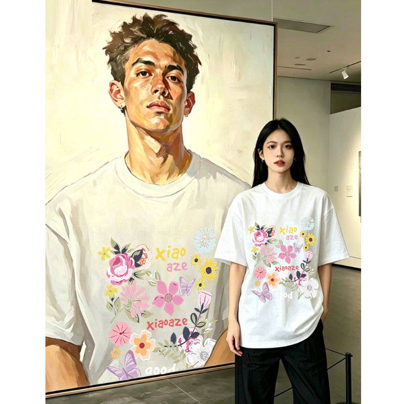 美式高街t恤短袖纯棉设计感花朵印花韩版ins男女款慵懒风宽松上衣