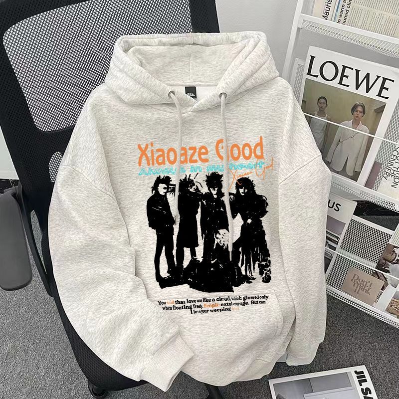 花灰色美式街头复古加绒连帽卫衣秋冬季男女宽松高街情侣加厚外套