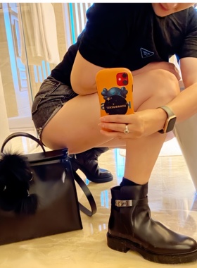 贵妇穿搭-2026新款kelly黑色小牛皮厚底金属扣切尔西短靴女款