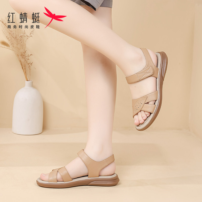 红蜻蜓夏季一字带平底妈妈鞋凉鞋女真皮外穿品牌全牛皮中老年夏天