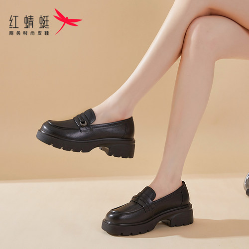 红蜻蜓小皮鞋白色乐福鞋女真皮