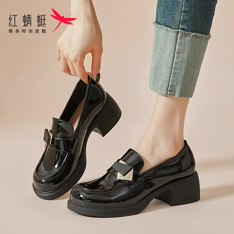 红蜻蜓女鞋春秋新款一脚蹬女士皮鞋厚底增高乐福鞋女英伦夏季单鞋