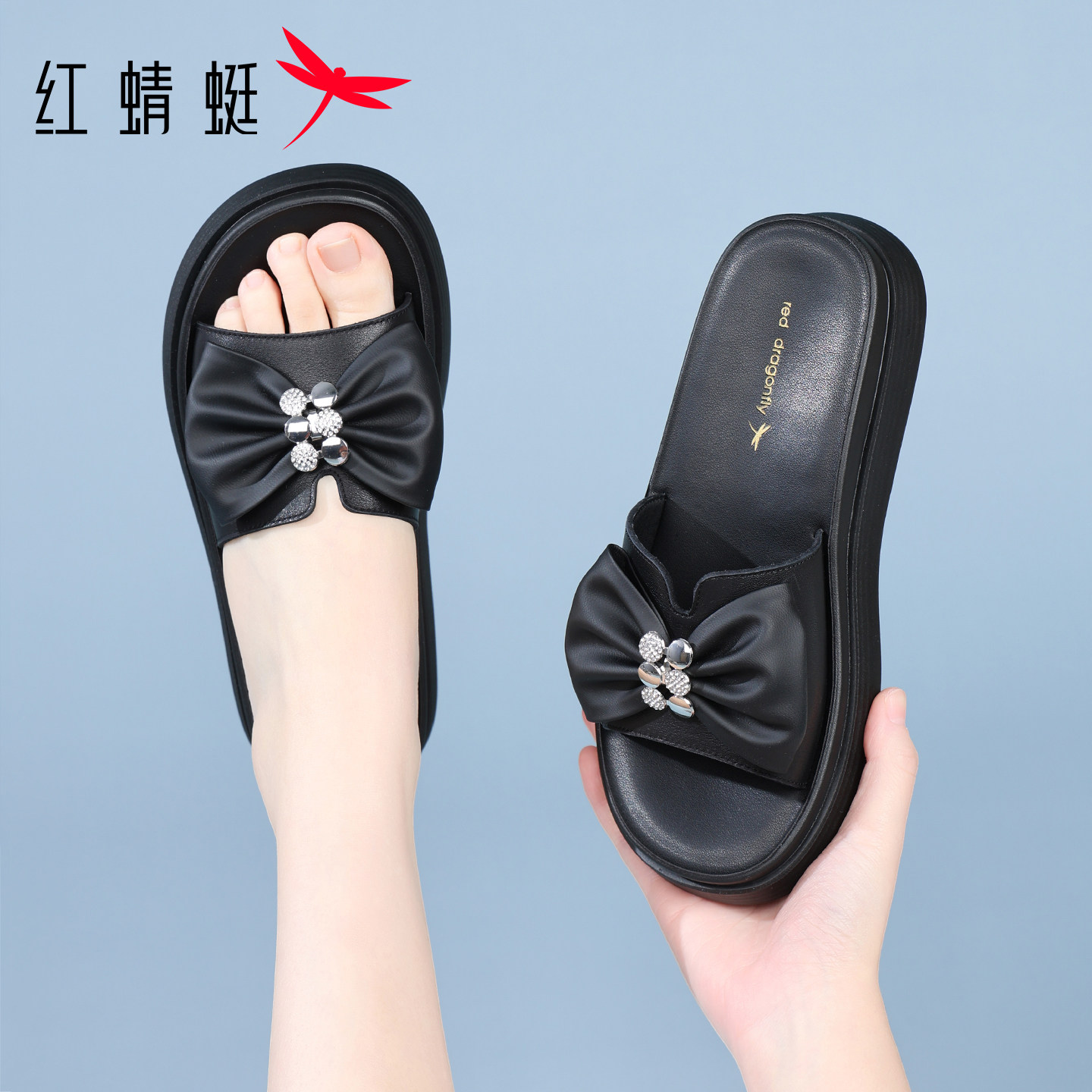 红蜻蜓夏季女鞋增高黑色休闲拖鞋图片