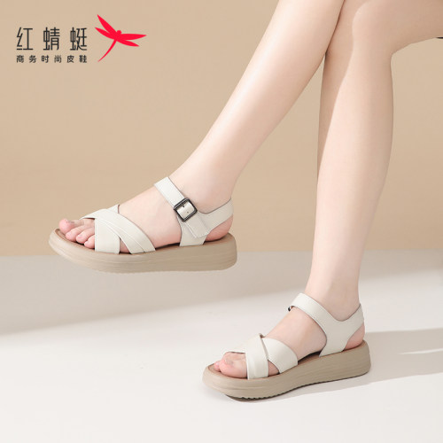 红蜻蜓厚底平底凉鞋女款夏季真皮