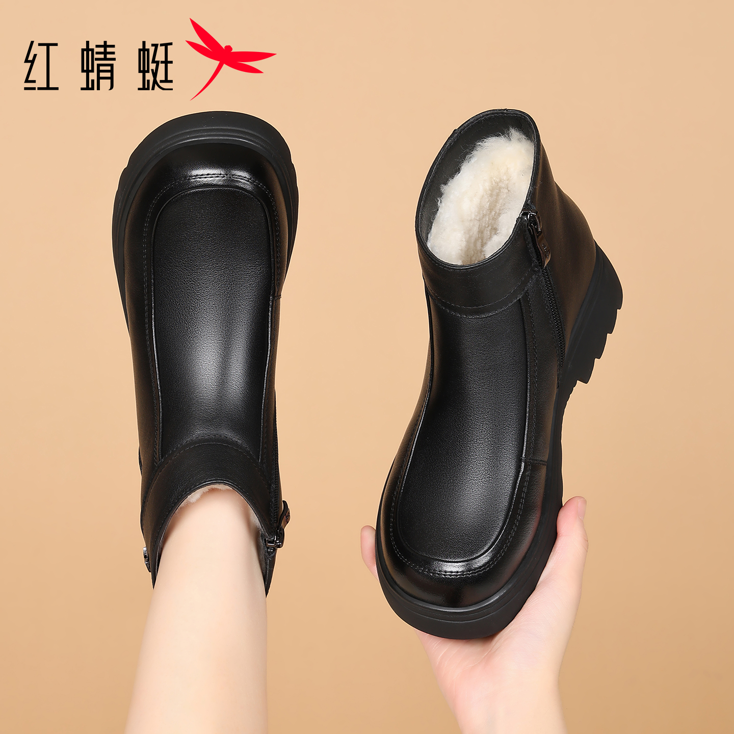 红蜻蜓靴子女短靴真皮加绒羊毛