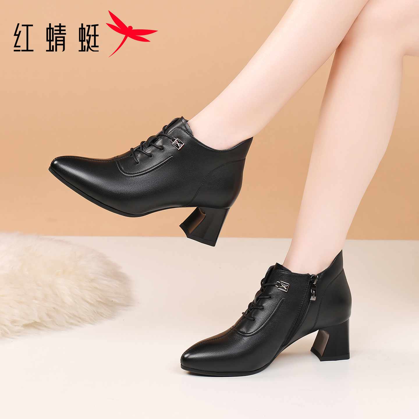 红蜻蜓女鞋新款尖头高跟时装靴