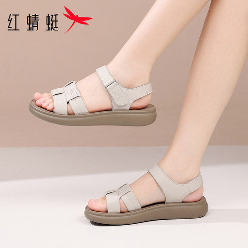 红蜻蜓一字带凉鞋女夏季真皮牛皮