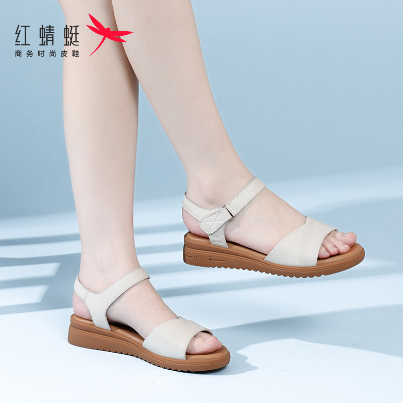 红蜻蜓平底牛皮软底女士凉鞋女款2025新款夏季中老年妈妈真皮夏天
