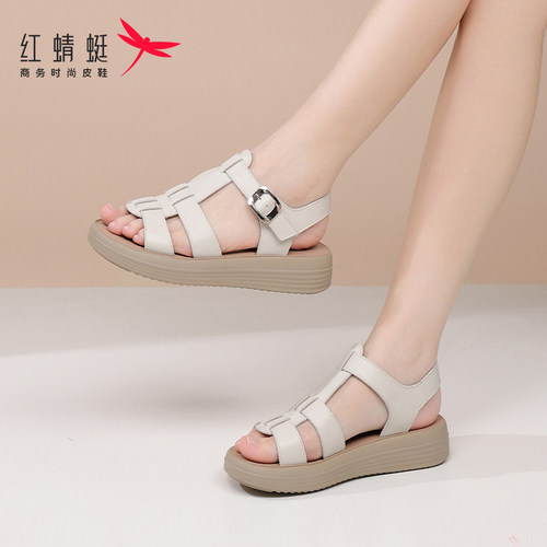 红蜻蜓真皮罗马凉鞋厚底鞋