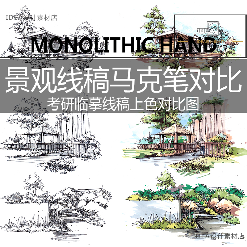 园林景观环艺设计手绘单体线稿色稿对比练习资料植物乔灌木手绘