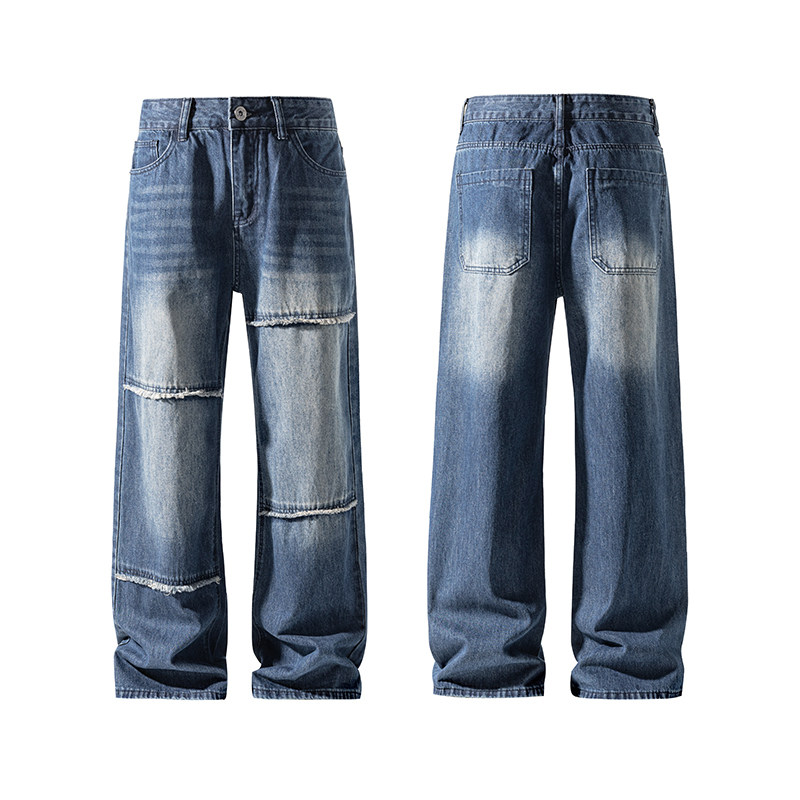 休闲裤美式毛边拼接宽松牛仔裤男
