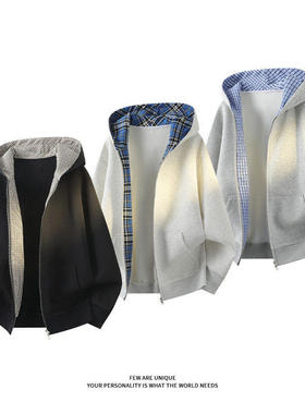 【NO LOGO PLUS】MEDM春季重磅连帽卫衣男士格子拼接百搭开衫外套