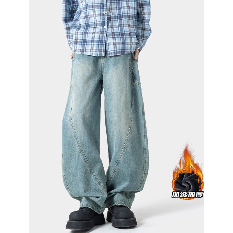 冬季加绒弯刀牛仔裤男士阔腿长裤