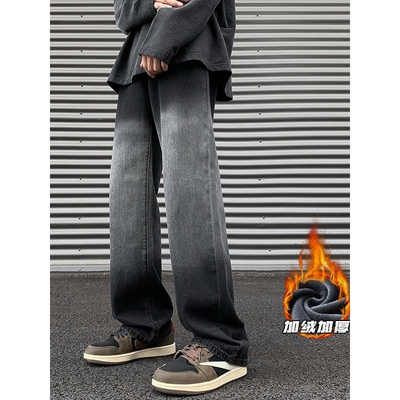 【NO LOGO PLUS】早起工作室2025冬季加绒宽松男士美式水洗牛仔裤