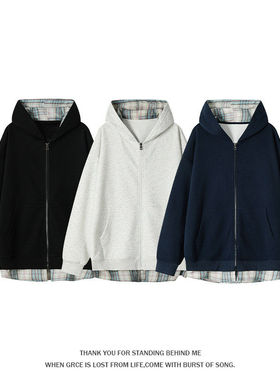 【NO LOGO PLUS】mystyle2026春季重磅330g华棉假两件连帽格子拼