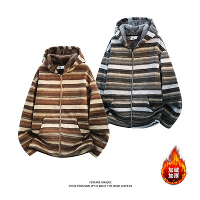 【NO LOGO PLUS】mystyle冬季加绒条纹卫衣针织开衫美式复古撞色