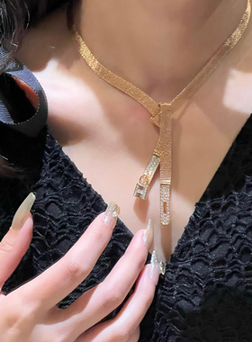 2026年新款小众丝带结绳项链满钻锁头项链女时尚镶钻锁骨链颈链