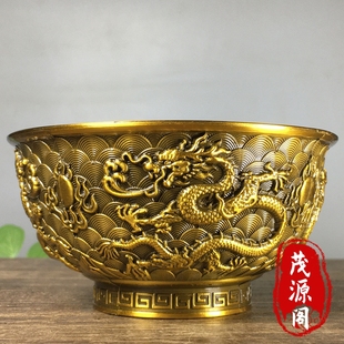 古玩旧藏乾隆年制双龙戏珠碗招财聚财老铜碗家居玄关装饰品摆件