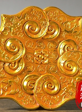 古玩纯铜鎏金浮雕麒麟凤凰盘子碟子大唐贞观花纹茶托盘摆件收藏