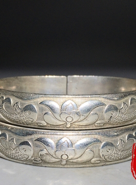 古玩银镯子一对民族风手工雕刻双鱼手镯福寿镯子手环旧货老物件