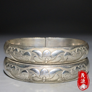 古玩银镯子一对民族风手工雕刻双鱼手镯福寿镯子手环旧货老物件