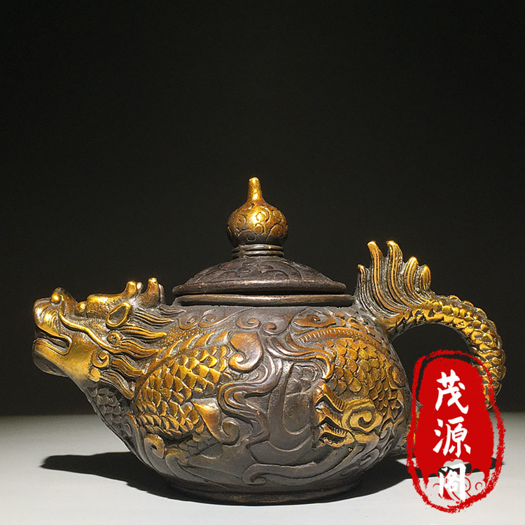 古玩旧货收藏大明宣德年制鎏金招财龙龟茶壶酒壶包老铜器收藏品