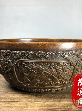 古玩古董收藏大号招财麒麟聚宝盆乾隆年制包浆老物件聚财铜碗摆件