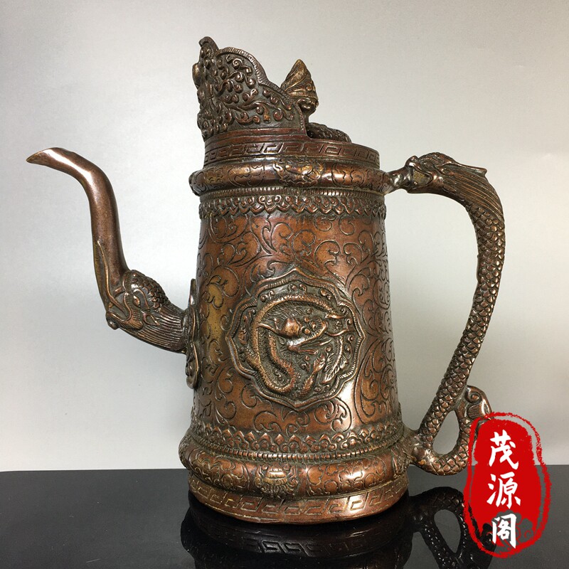 回流珍藏超大号浮雕龙纹酒壶茶壶摆件古玩铜器老物件家居茶道摆件