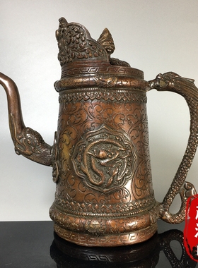回流珍藏超大号浮雕龙纹酒壶茶壶摆件古玩铜器老物件家居茶道摆件