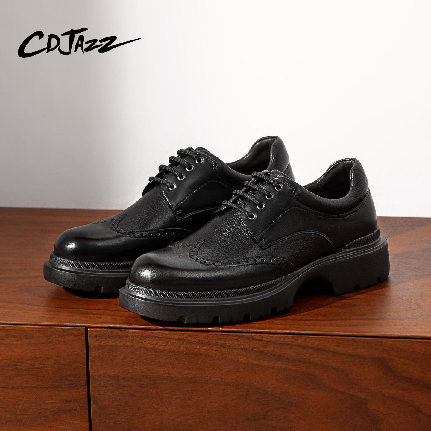 CDJAZZ卡地爵士男鞋增高黑色皮鞋布洛克英伦男士皮鞋超轻2026新款
