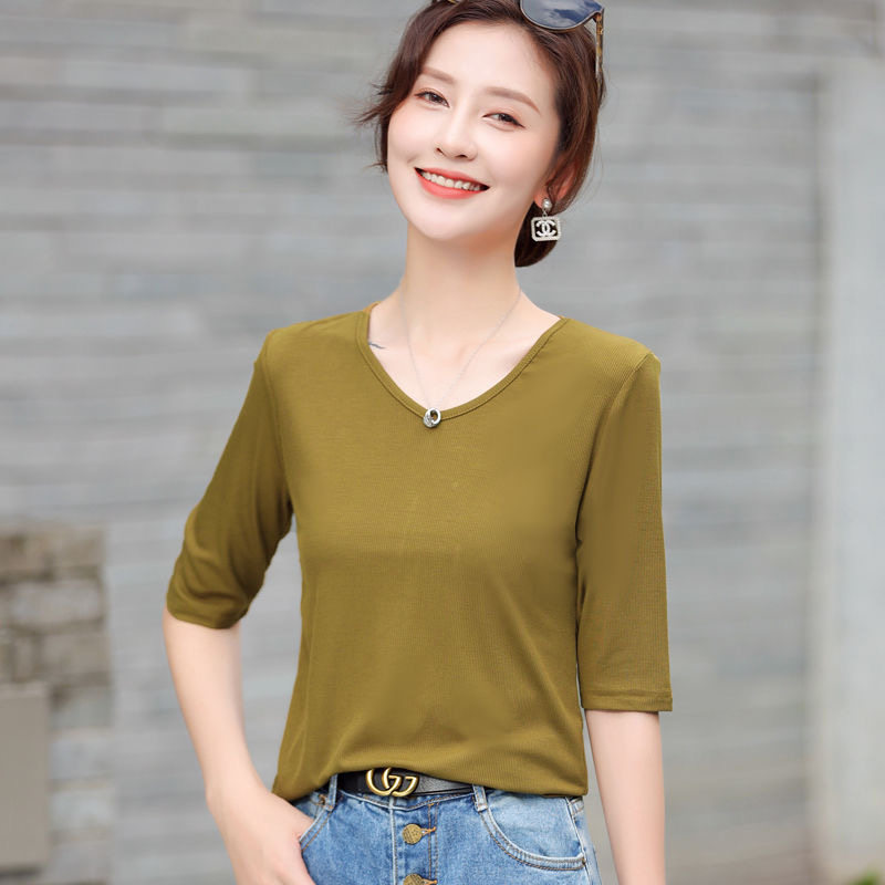 莫代尔V领女士宽松中袖T恤夏季大码显瘦基础款打底衫冰丝中袖上衣