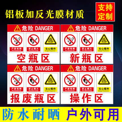 气瓶存放处安全警示牌满瓶区新瓶区空瓶区报废瓶区提示牌标识牌子
