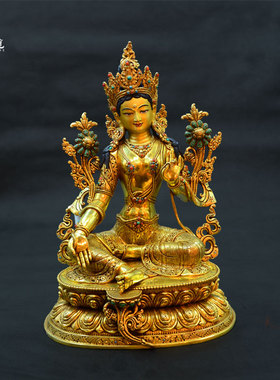 上行道铜摆件中式书房手工绿度母