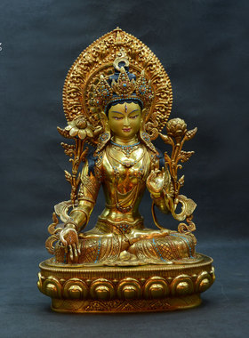 密宗白度母雕花鎏金尼泊尔手工